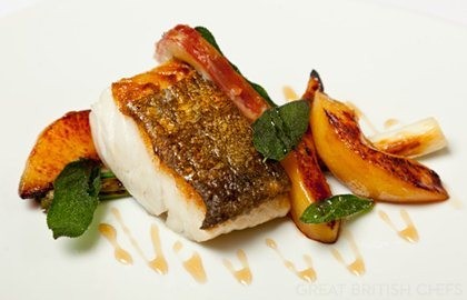 Roast cod with morcilla, quince and calçots