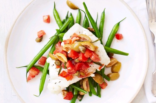 Roast cod with olives, capers and tomatoes 