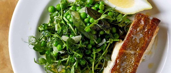 Roast cod with slow-cooked English peas and shoots