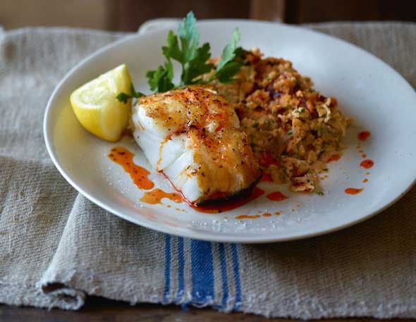 Roast cod with white bean and chorizo mash