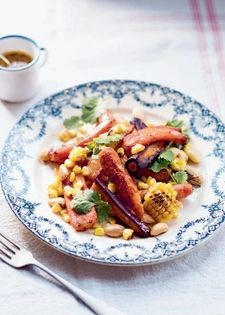 Roast corn and carrot salad with maple mustard dressing