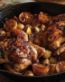 Roast Cornish hens with melted onions & lemons