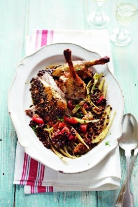 Roast duck and green lentils