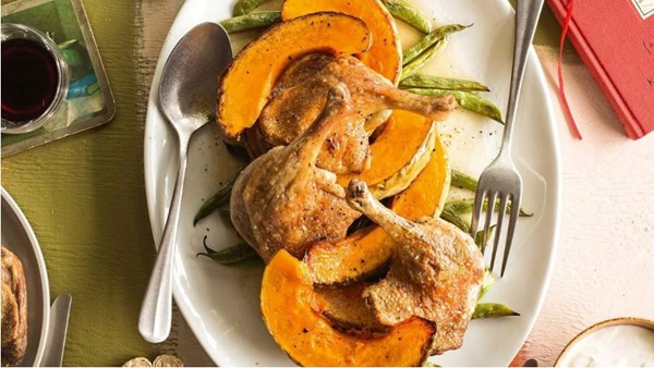 Roast duck and pumpkin with green peppercorn harissa and yoghurt