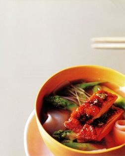 Roast duck, asparagus and rice noodle soup