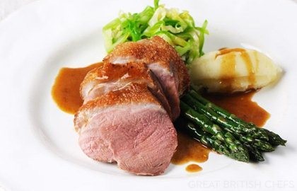 Roast duck breast with asparagus, caramelised shallot and hispi cabbage