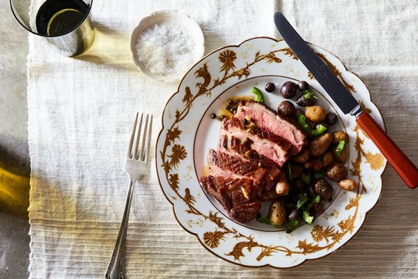 Roast duck breast with green peppercorns & tiny roast potatoes