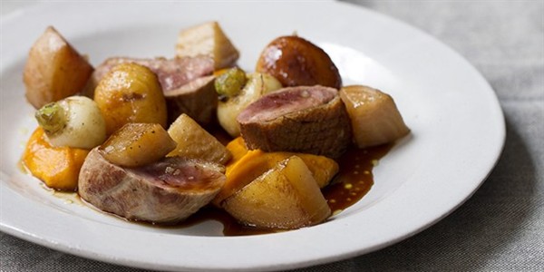 Roast duck breast with mini roast potatoes, turnips, beetroot and carrot purée 