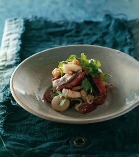 Roast duck, scallop & eggplant salad