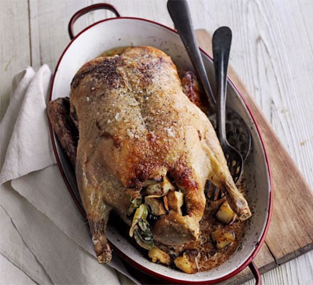 Roast duck with bramley, ginger and bay