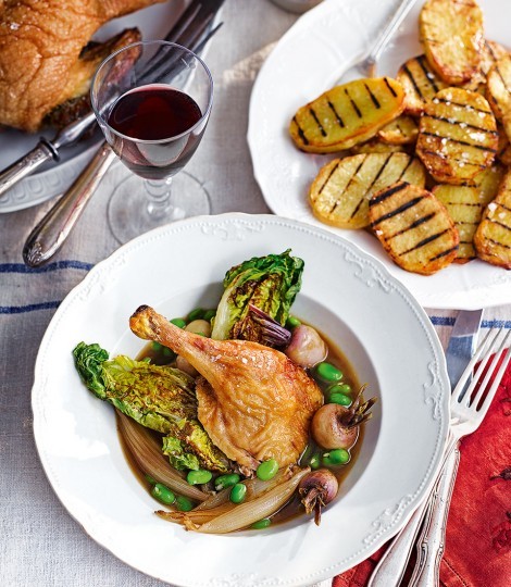 Roast duck with griddled potatoes, baby turnips, broad beans & little gems