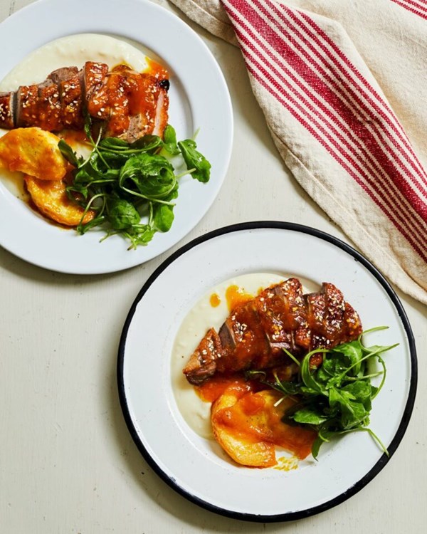 Roast duck with honey, sesame, orange and celeriac 