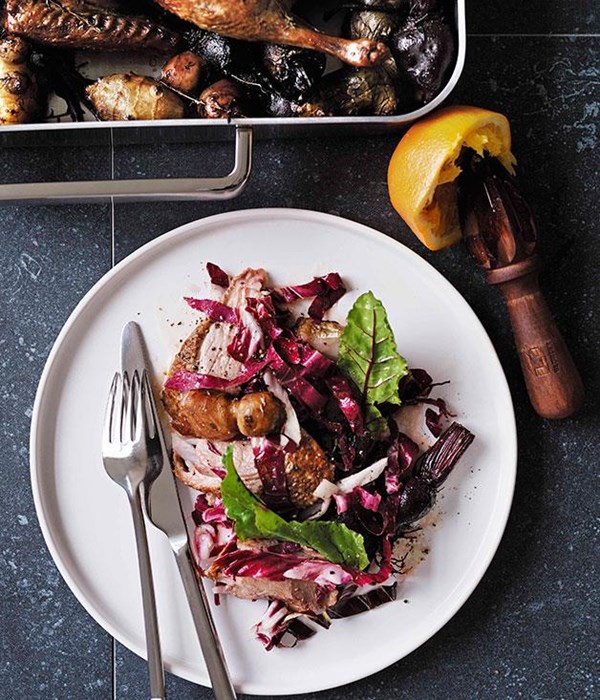 Roast duck with Jerusalem artichokes, beetroot and red wine