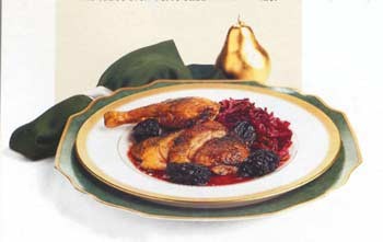 Roast duck with prunes and wine-braised cabbage