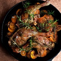 Roast duck with sweet potatoes and rosemary salt