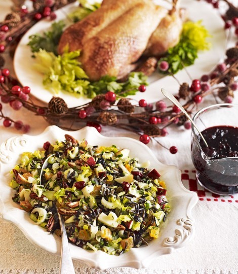 Roast duck with wild rice dressing and sour cranberry sauce