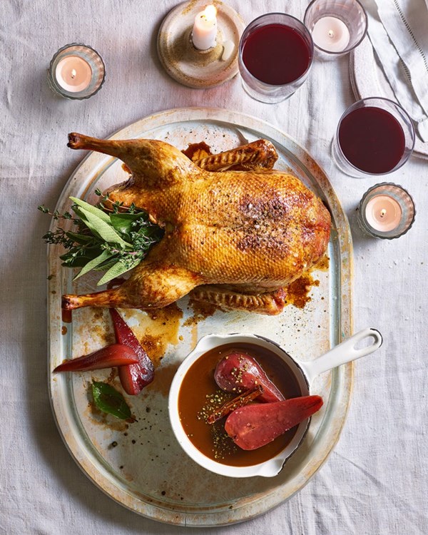 Roast duckling with spiced pears