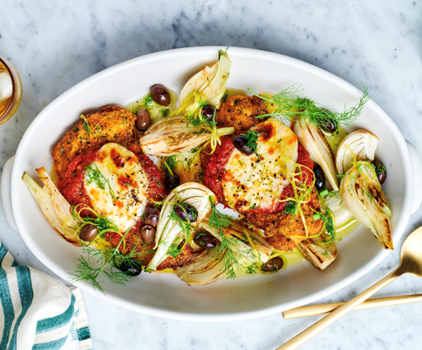 Roast fennel and olive chicken Parmigiana