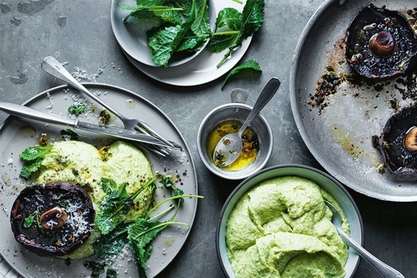 Roast field mushrooms, Parmesan and green polenta