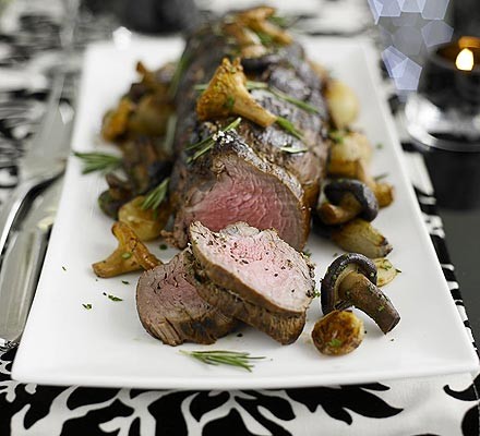 Roast fillet of beef with shallots and mushrooms