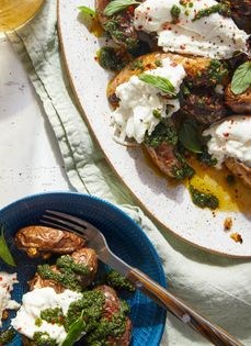 Roast fingerlings with burrata and mint salsa
