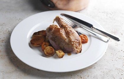 Roast free-range chicken with vegetables, sage and cider
