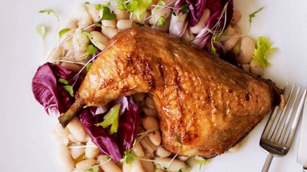 Roast free-range chicken with white bean braise