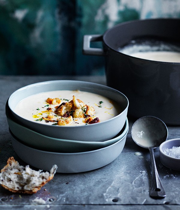 Roast garlic, cheddar and ale soup with fried cauliflower