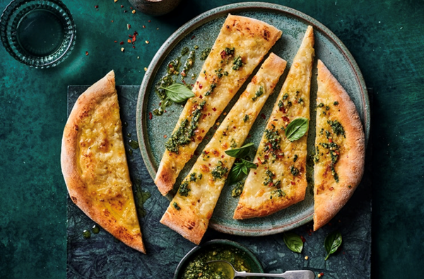 Roast garlic, mascarpone and winter pesto pizza