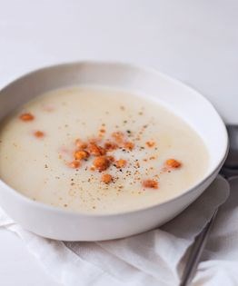 Roast garlic soup with crispy chickpea croutons