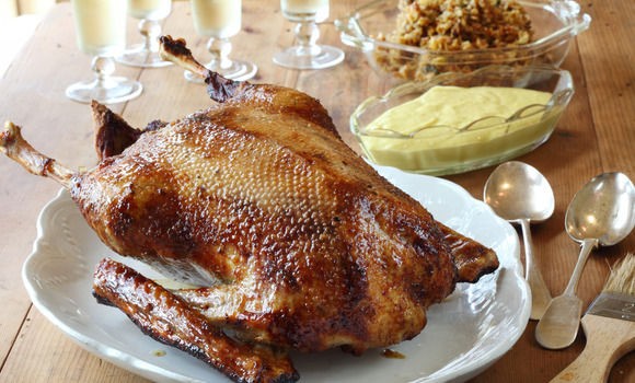 Roast goose with apple, onion and sage stuffing