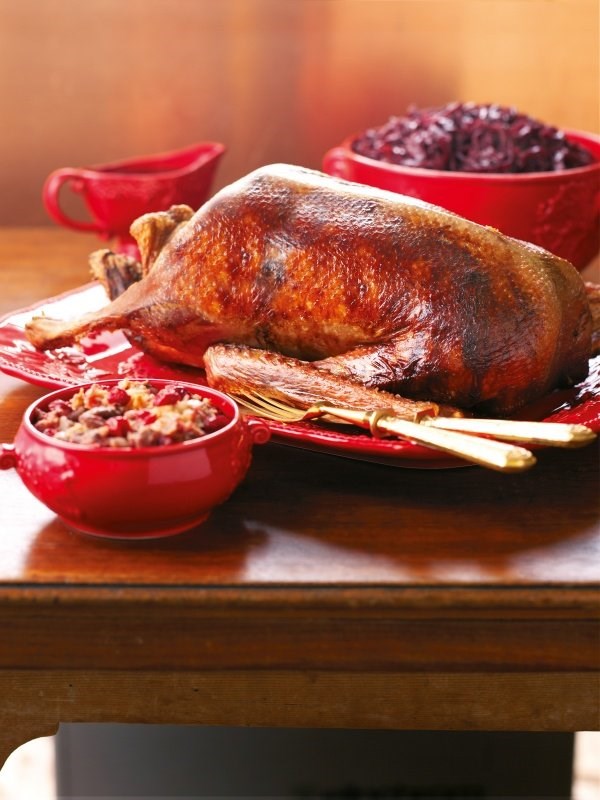 Roast goose with pear and cranberry stuffing