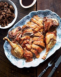 Roast goose with pork, prune and chestnut stuffing