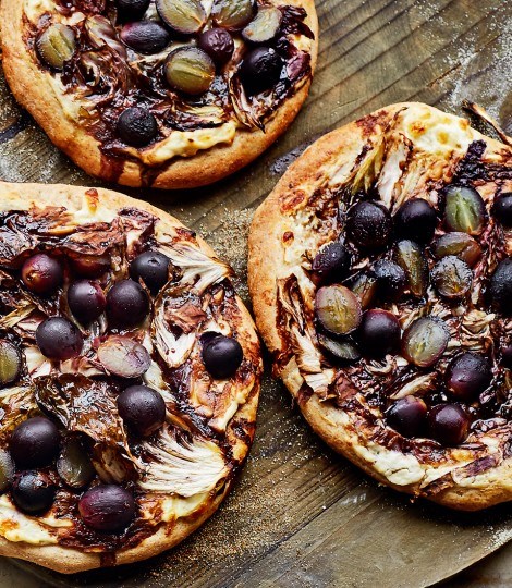 Roast grape, balsamic and radicchio spelt pizzas