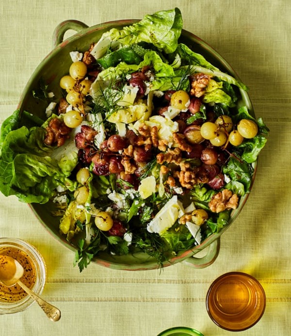 Roast grape salad with cheese, baby gem and walnuts