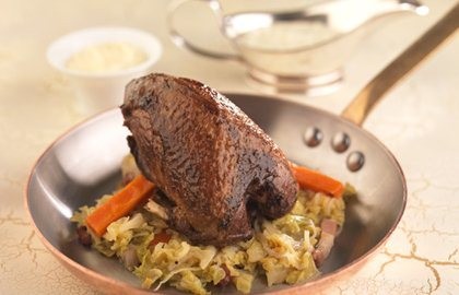 Roast grouse with braised cabbage, celeriac purée and sauce Albert