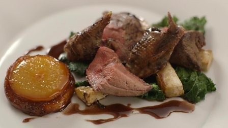 Roast grouse with pear Tatin and kale