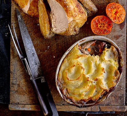 Roast guinea fowl crown with leg 'shepherd's pie'
