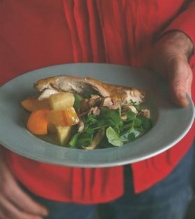 Roast guinea fowl on celeriac, pear and satsuma salad with watercress