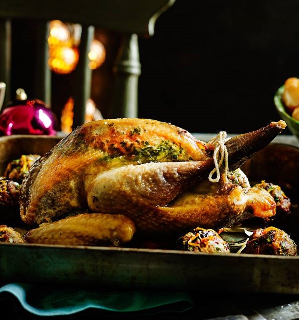 Roast guinea fowl with prune and bacon stuffing
