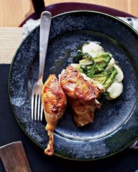 Roast guinea hens with prosciutto and endives
