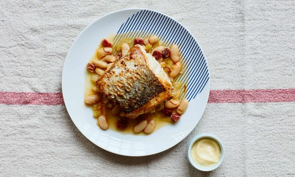 Roast hake with braised white beans and chorizo