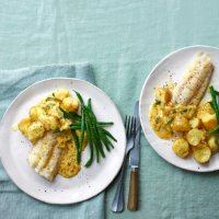 Roast hake with chicken butter sauce and crushed new potatoes