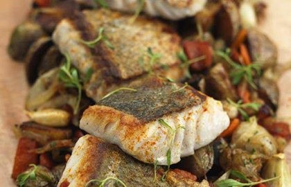 Roast hake with chorizo, chickpeas and coriander
