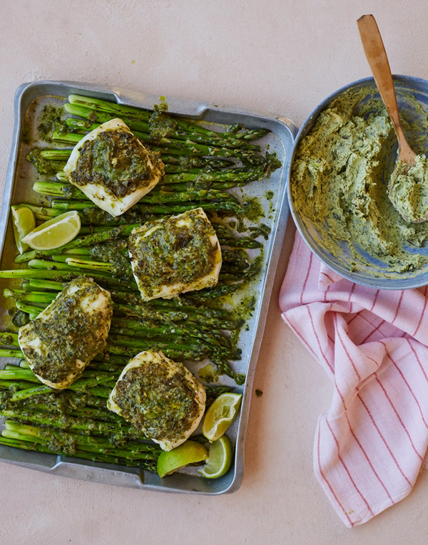 Roast hake with grilled spring onion butter