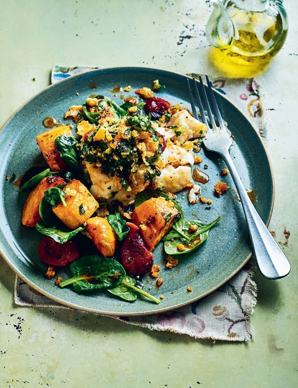 Roast hake with Parmesan crust, chorizo and sweet potatoes