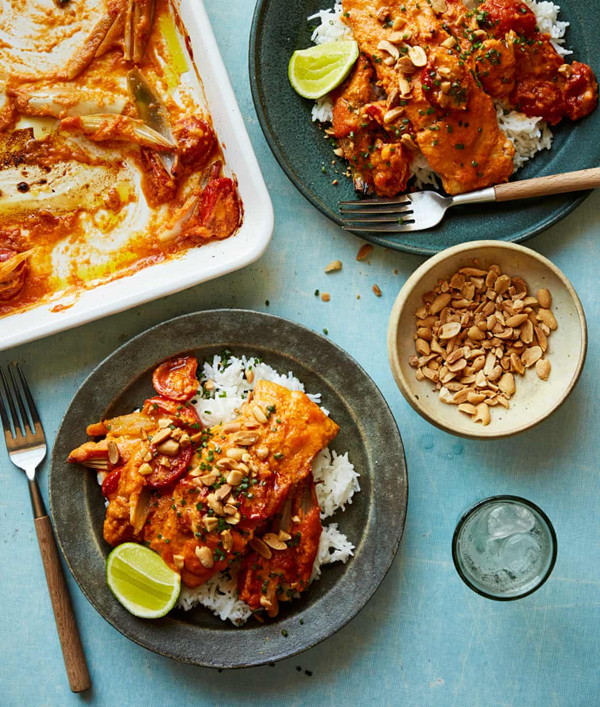 Roast hake with tomato and chilli sambal