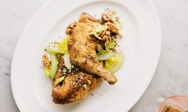 Roast half chicken with cashew tarator and celery