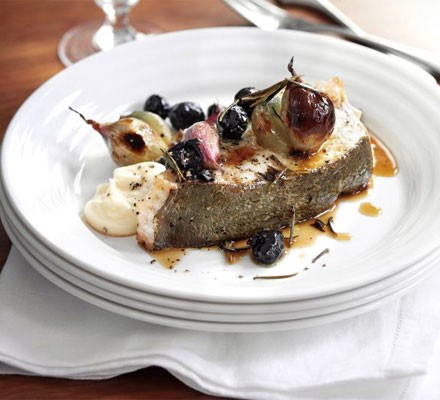 Roast halibut with rosemary, shallots and black olives