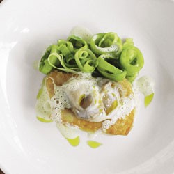 Roast hapuku with wasabi leek, oysters and Champagne sauce